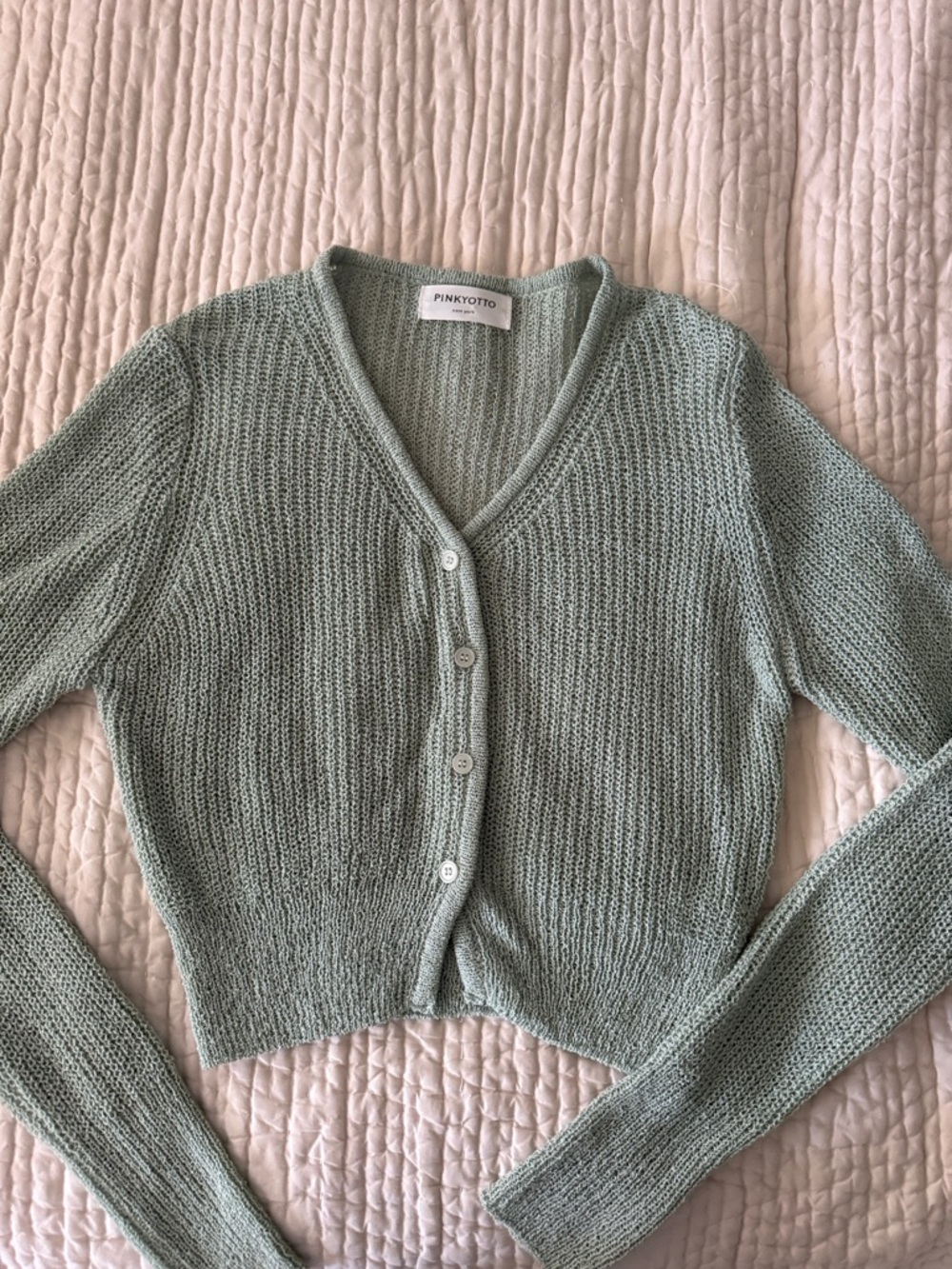 PINKYOTTO Light Sage Green V-Neck Button Cardigan